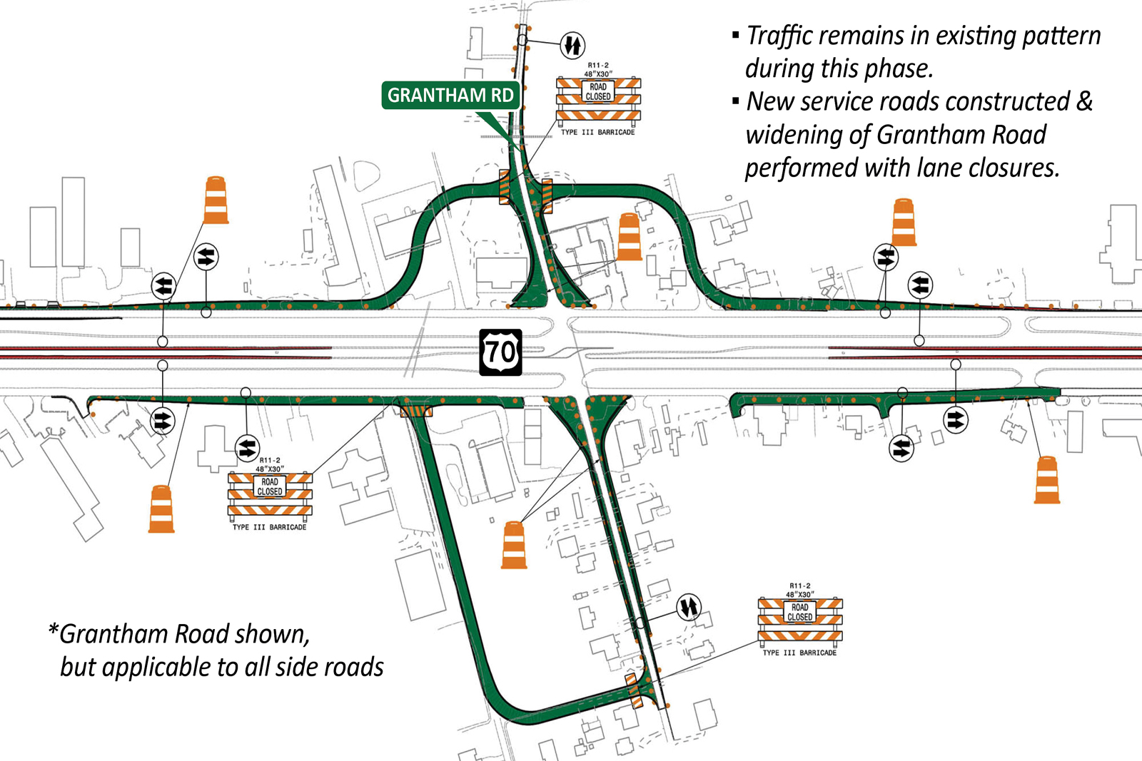 Construction Step 1: New service roads under construction and traffic remains in existing pattern